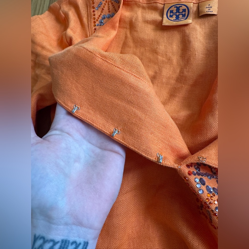 Tory Burch Orange Linen Tunic w Rhinestone Detailing - Picture 5 of 7